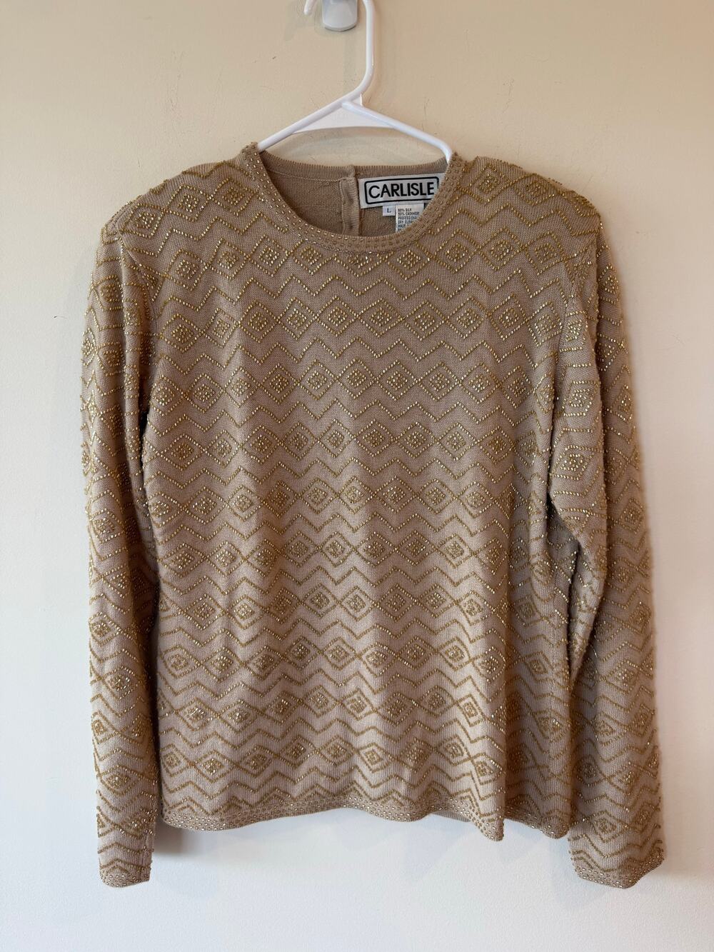 Vintage Carlisle Gold Silk Cashmere Beaded Sweater long sleeve large Statement